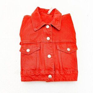 Zara Orange Cropped Denim Jean Jacket Long Sleeve Size Small